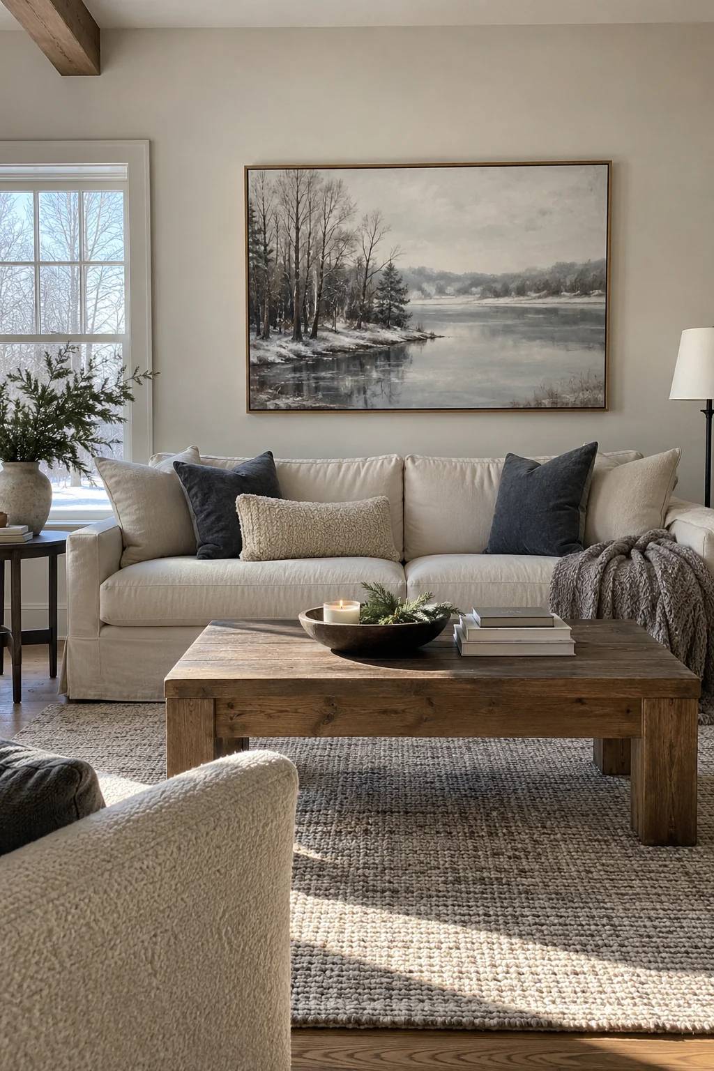 Large muted winter landscape above a neutral living room sofa