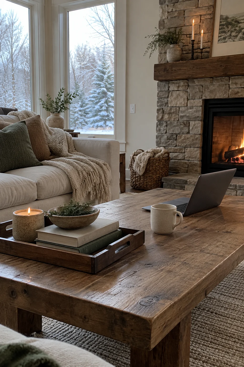 Winter coffee table with a practical wood tray, books, bowl, and candle