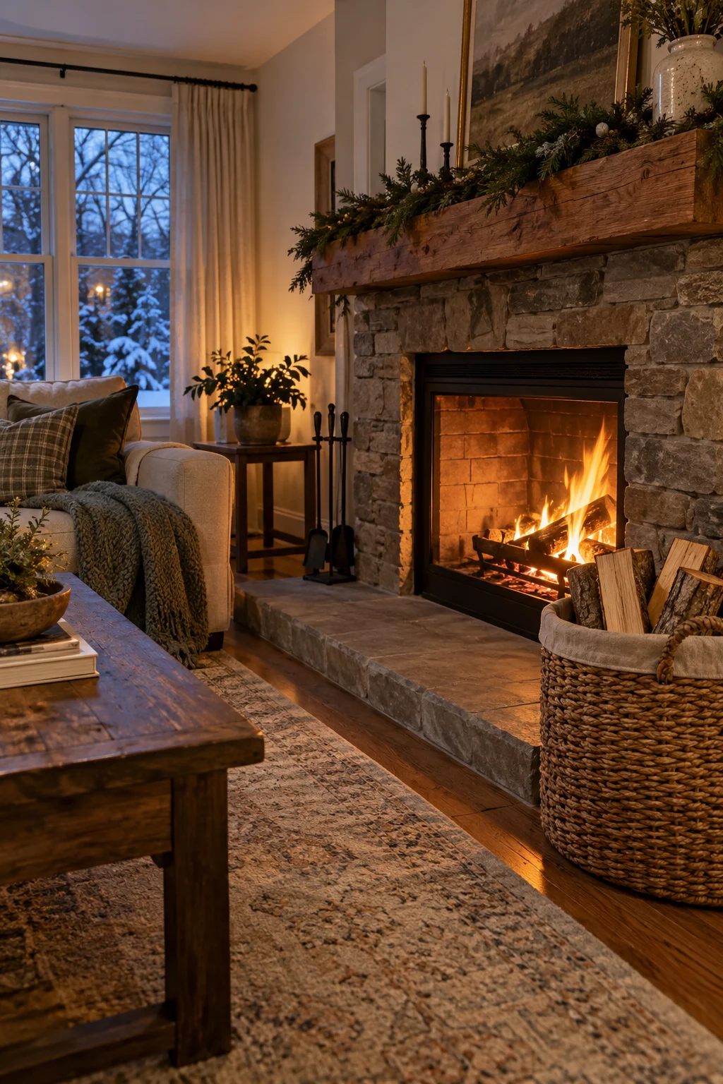 Woven log basket beside a working fireplace in a winter living room