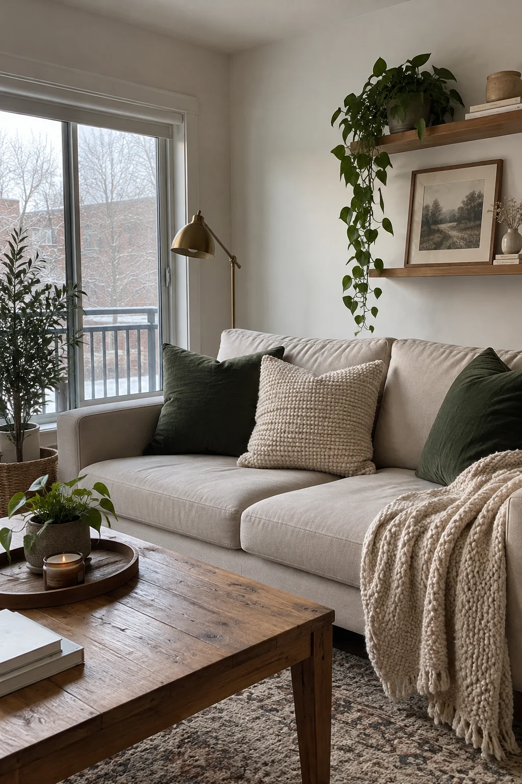 Small rental sofa refreshed with washable winter pillow covers