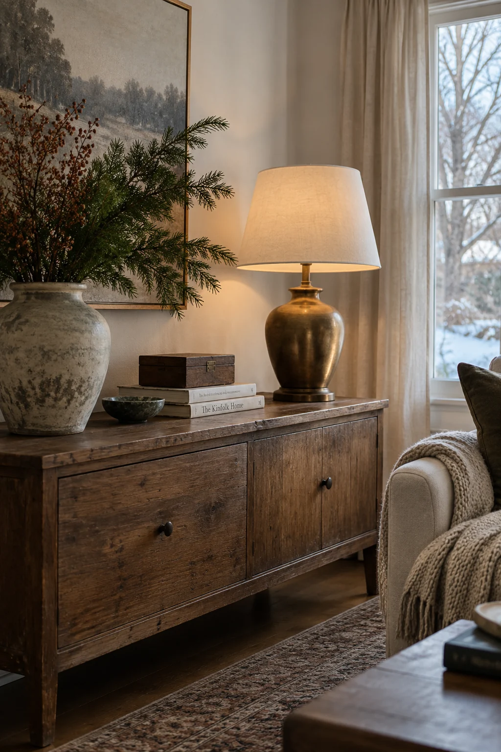 Thrifted brass lamp mixed with matte ceramics and wood in a winter living room