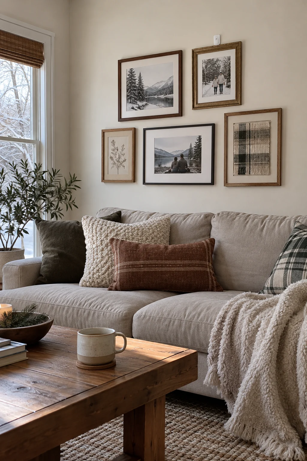 Renter-friendly winter gallery wall hung with removable hardware