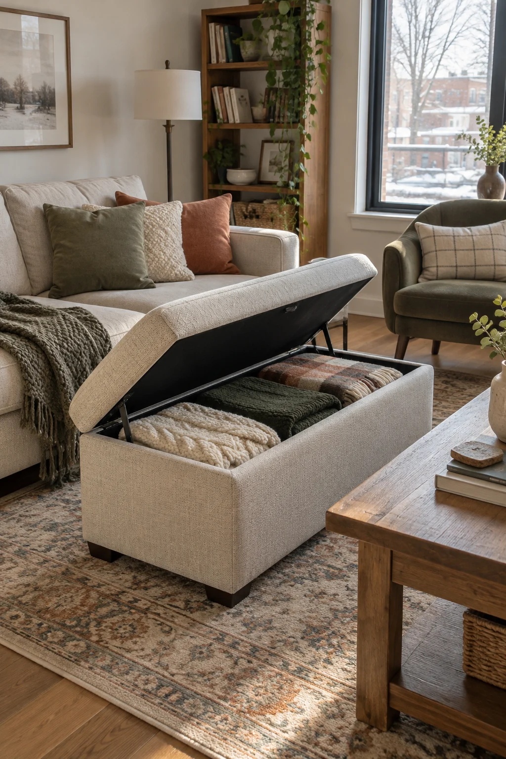 Open storage ottoman holding folded winter blankets in a small living room