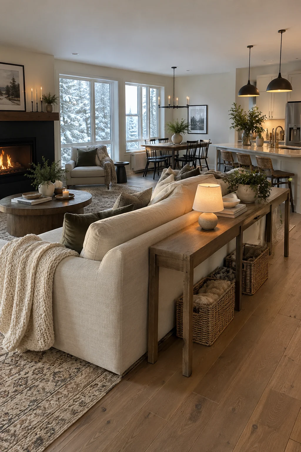 Slim console table behind a floating sofa with lamp and basket storage