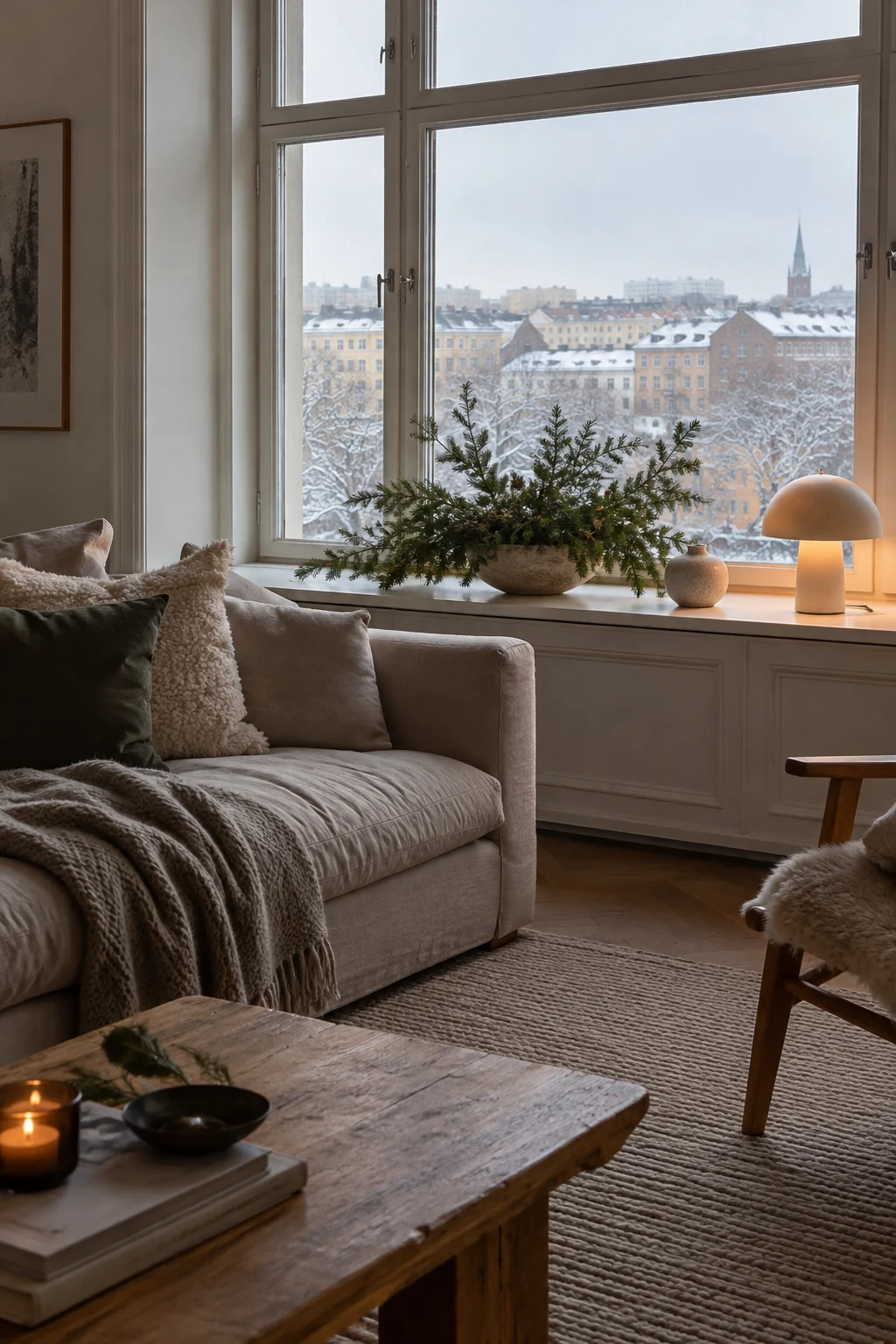 Wide living room windowsill styled with low winter greenery and ceramics