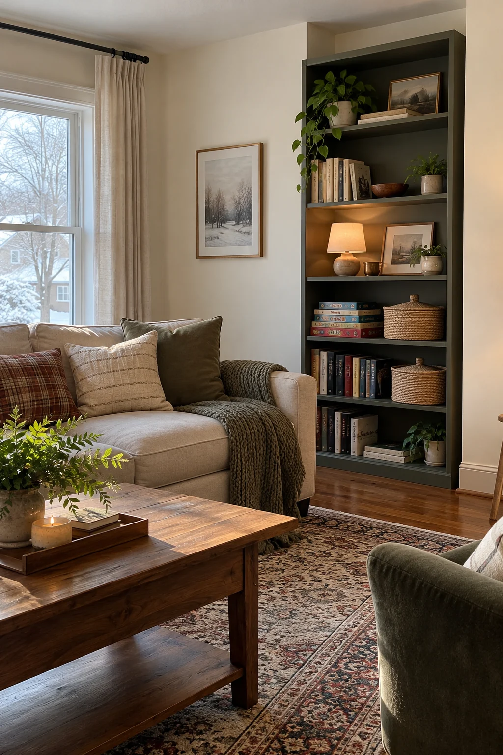 Tall narrow bookcase organizing books, games, and winter baskets