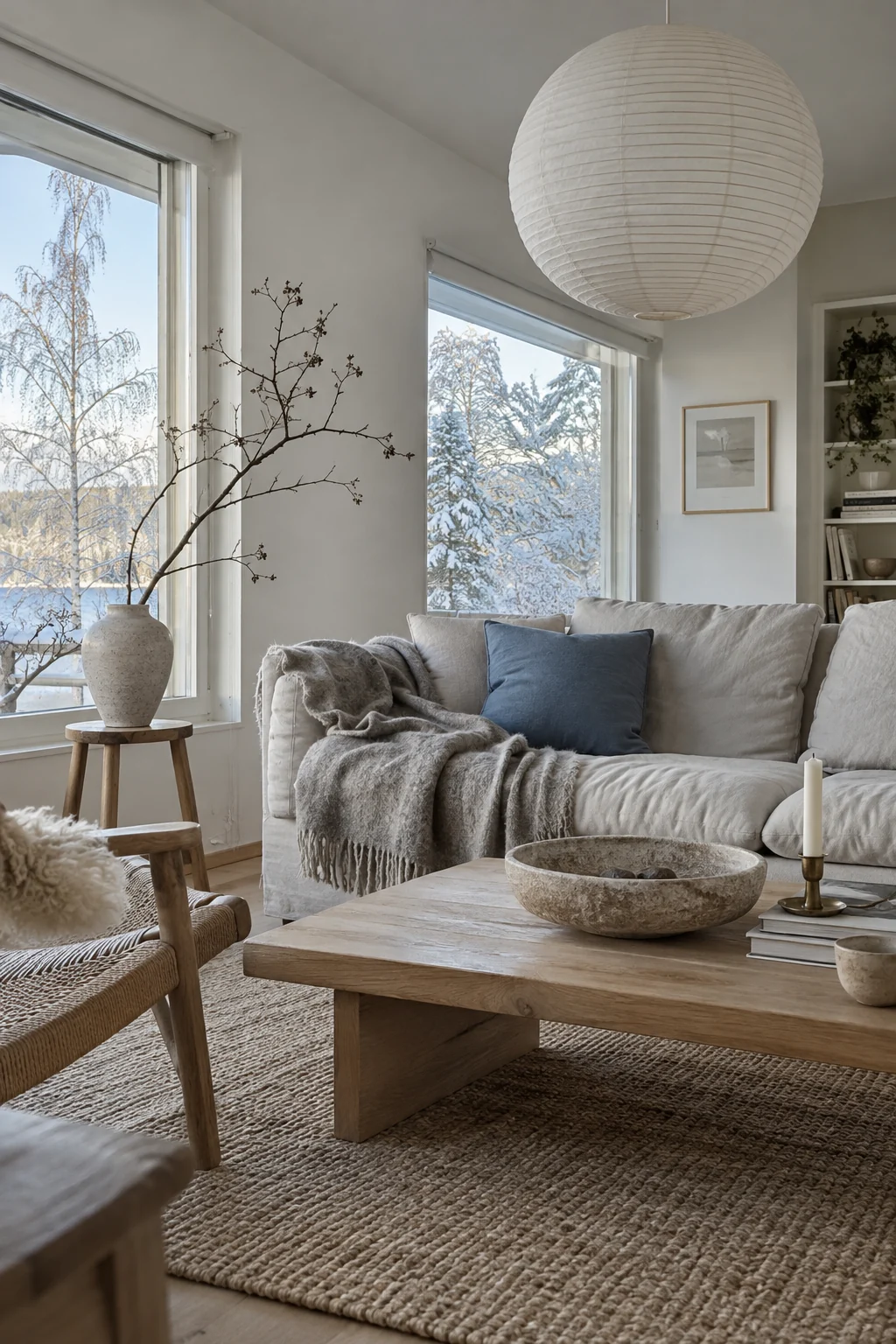 Light Scandinavian winter living room with pale oak, gray wool, and paper lighting