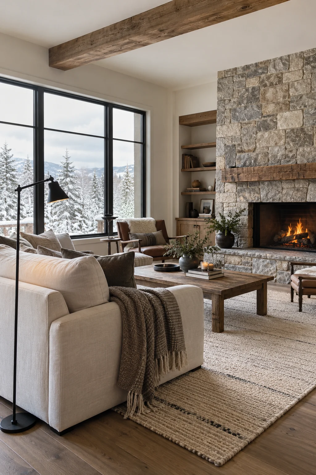 Modern rustic winter living room with wood beams, cream upholstery, and black metal