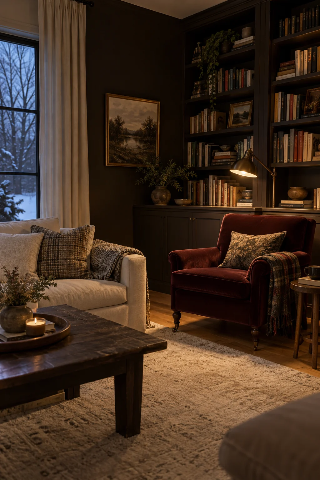 Moody living room library corner with deep brown walls and focused lighting