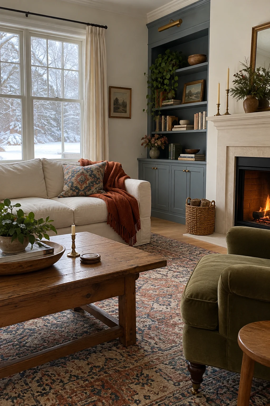 Colorful winter living room using olive, rust, blue, and cream in controlled blocks