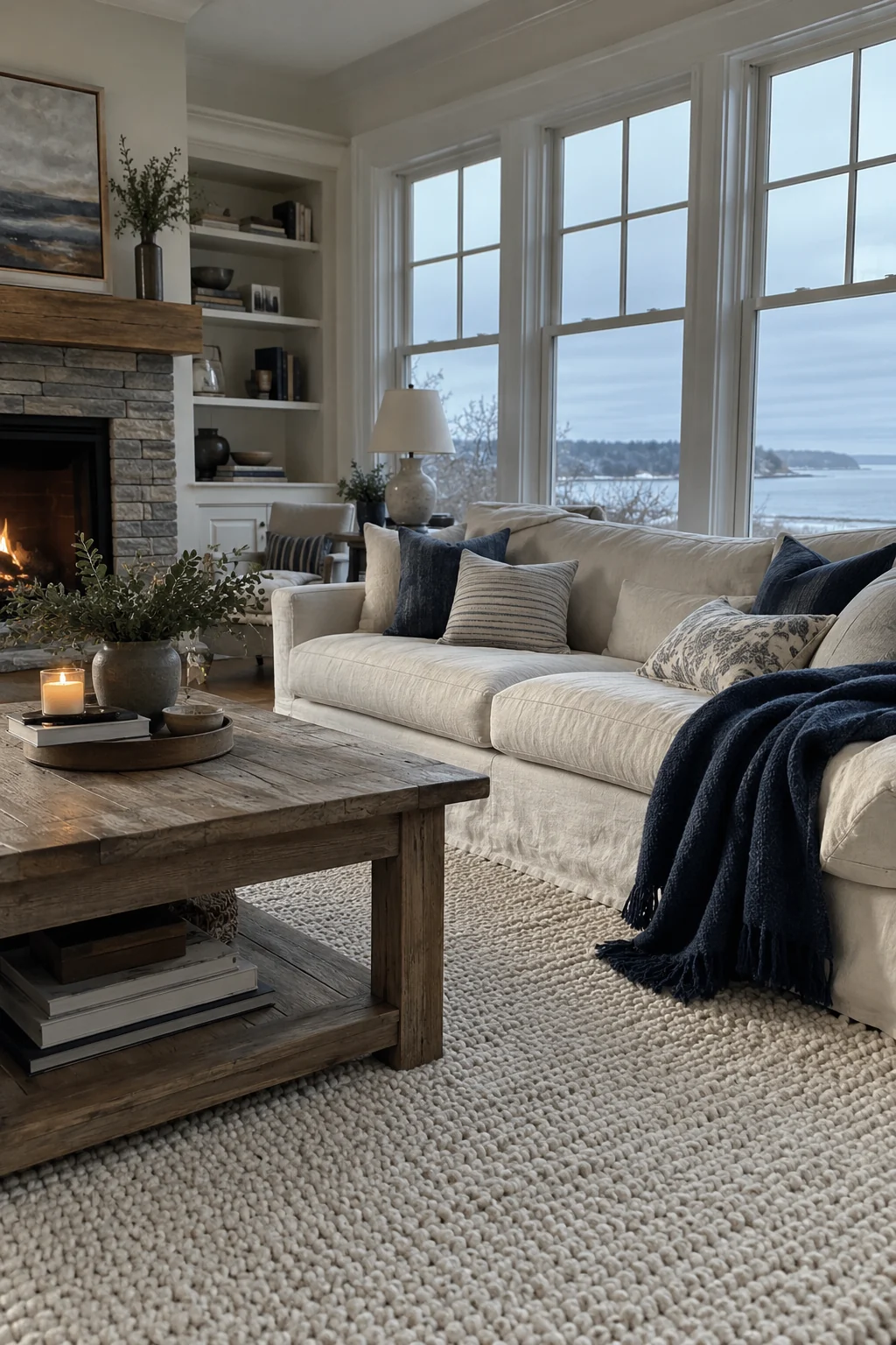 Winter coastal living room with navy, weathered oak, wool, and off-white linen