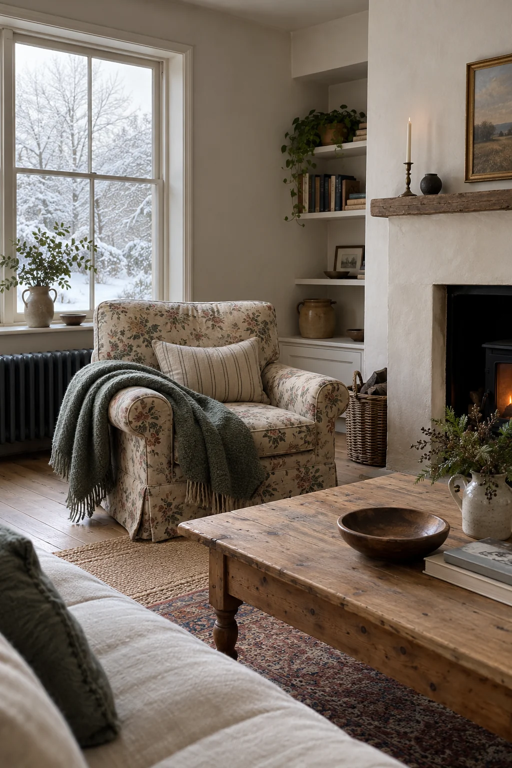Collected cottage living room with muted floral chair, old wood, and layered winter textiles