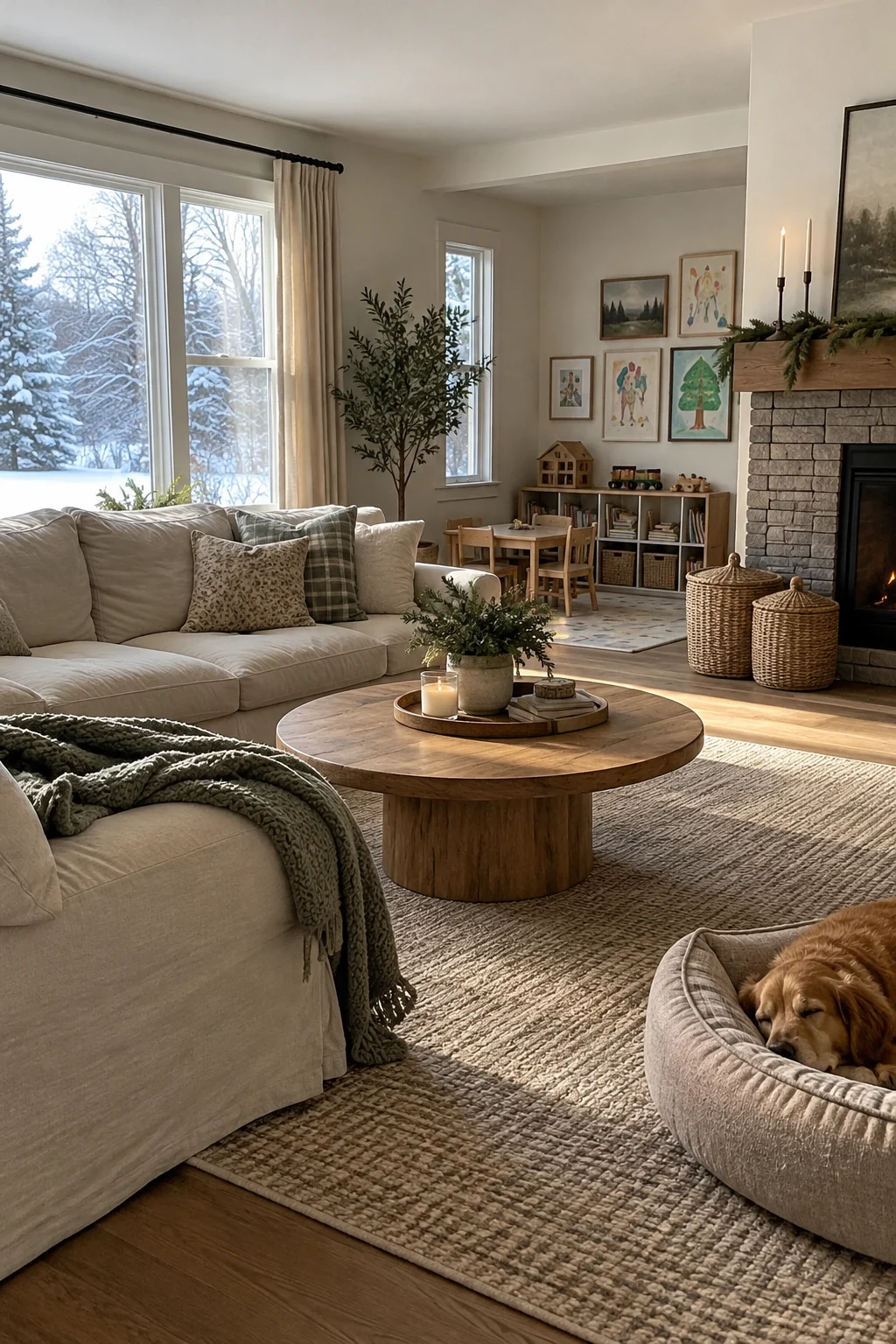 Family winter living room with washable covers, rounded table, and toy storage