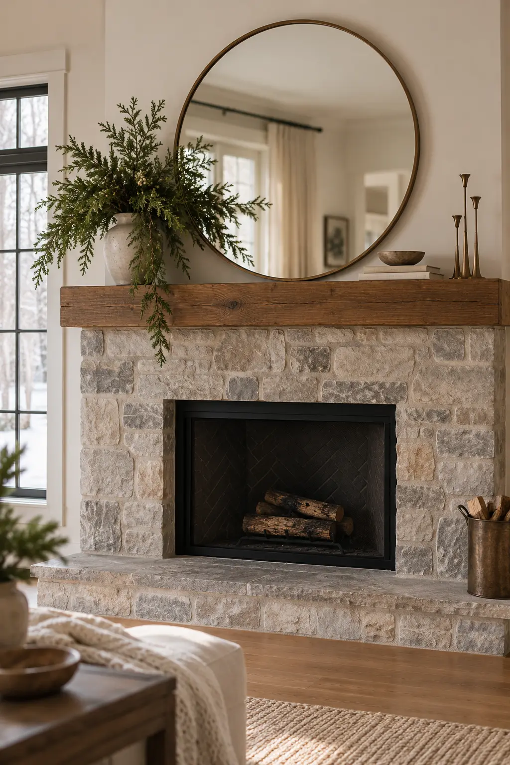 Center One Oversized Round Mirror winter mantel decorating idea