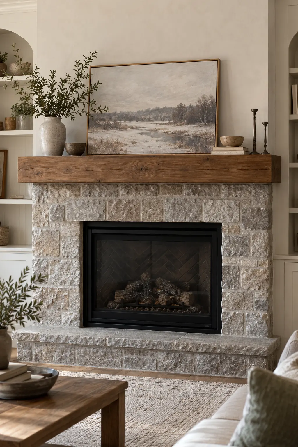 Lean a Muted Winter Landscape winter mantel decorating idea