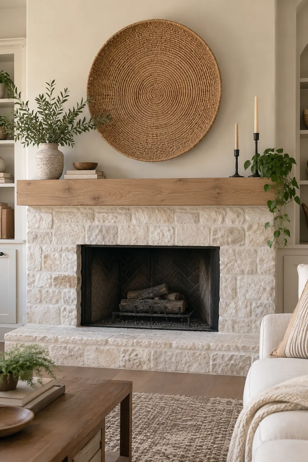 Hang a Simple Woven Wall Basket winter mantel decorating idea