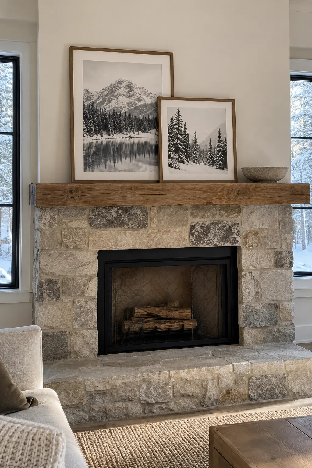 Use a Black-and-White Photo Pair winter mantel decorating idea