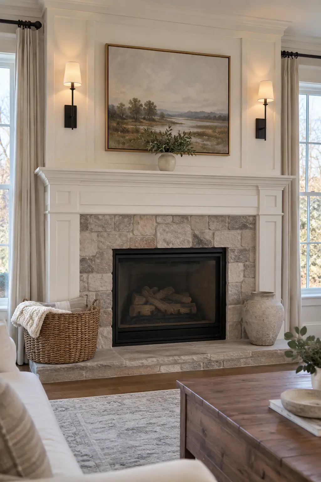 Frame the Fireplace With Wall Sconces winter mantel decorating idea