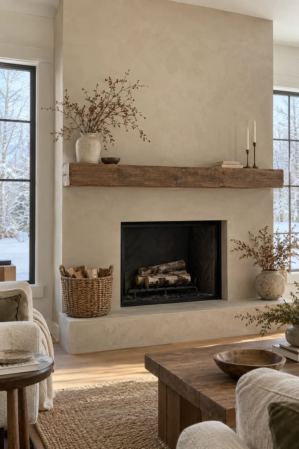 Try a Tonal Plaster Backdrop winter mantel decorating idea