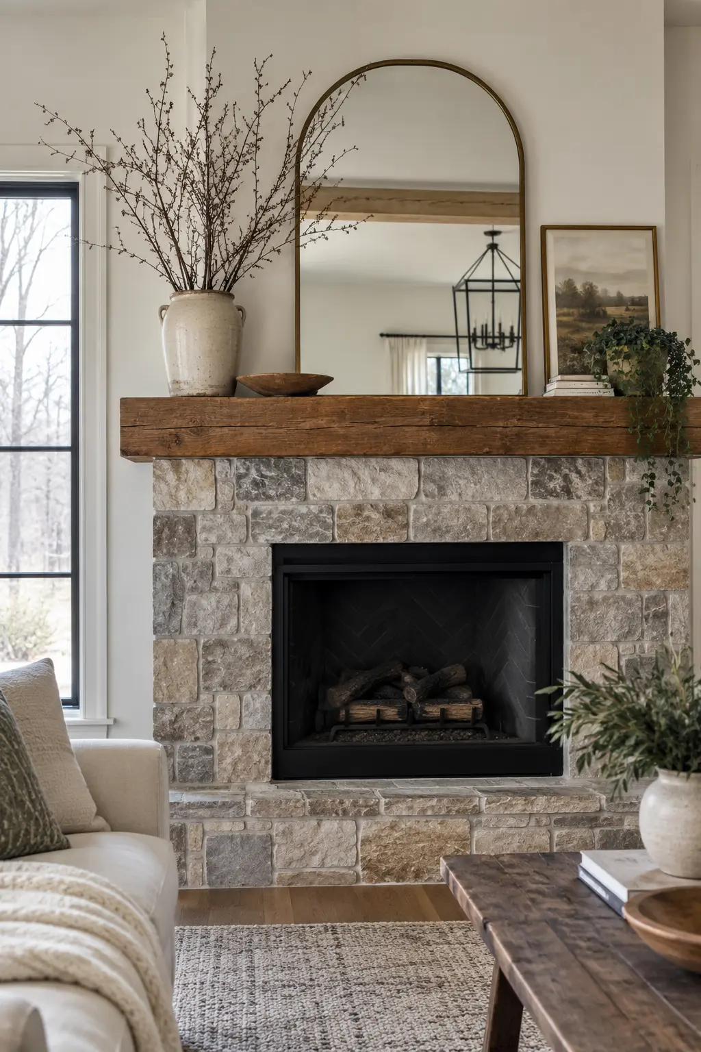 Place Bare Branches in a Heavy Crock winter mantel decorating idea