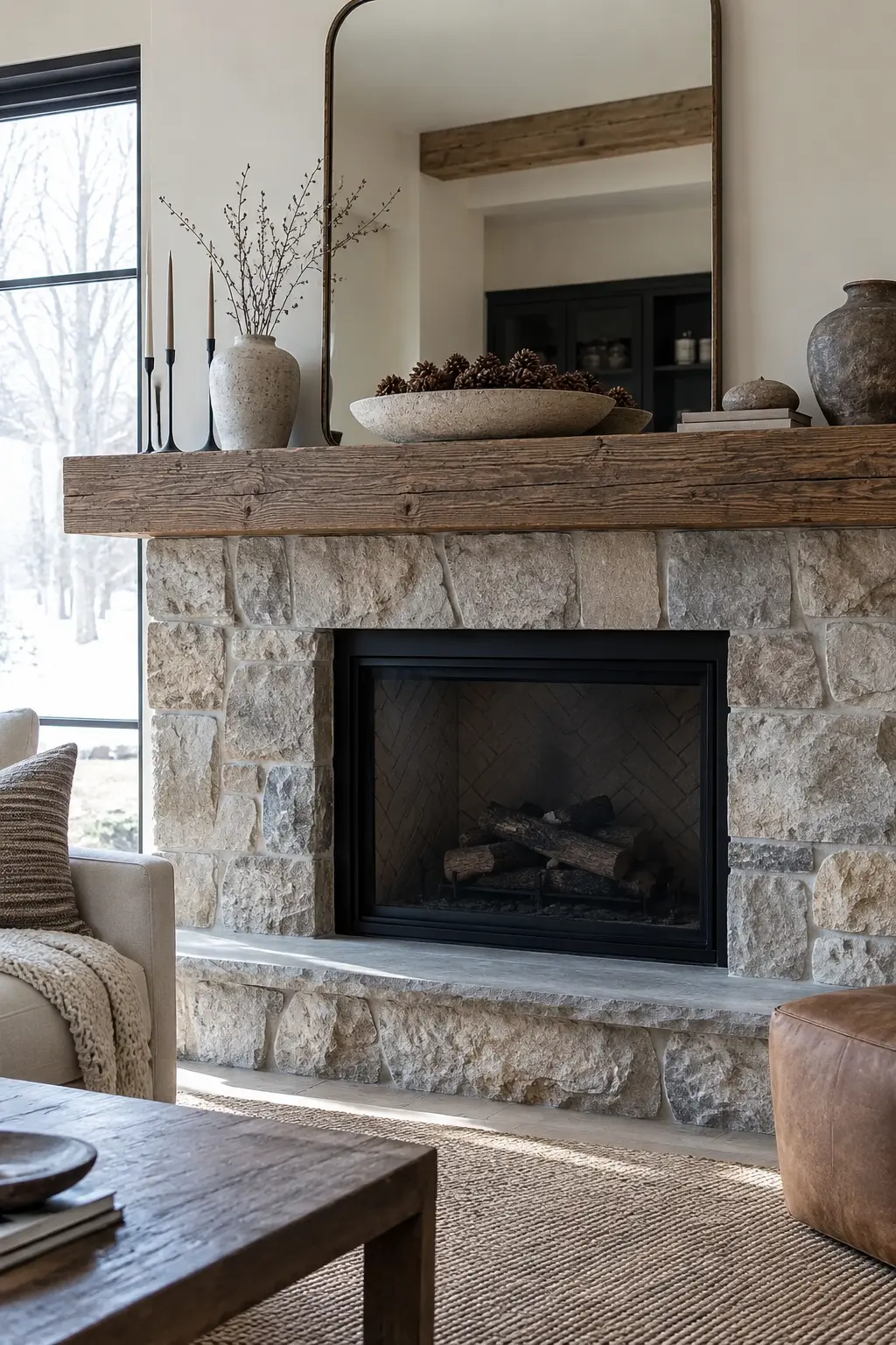 Display Pinecones in a Low Bowl winter mantel decorating idea