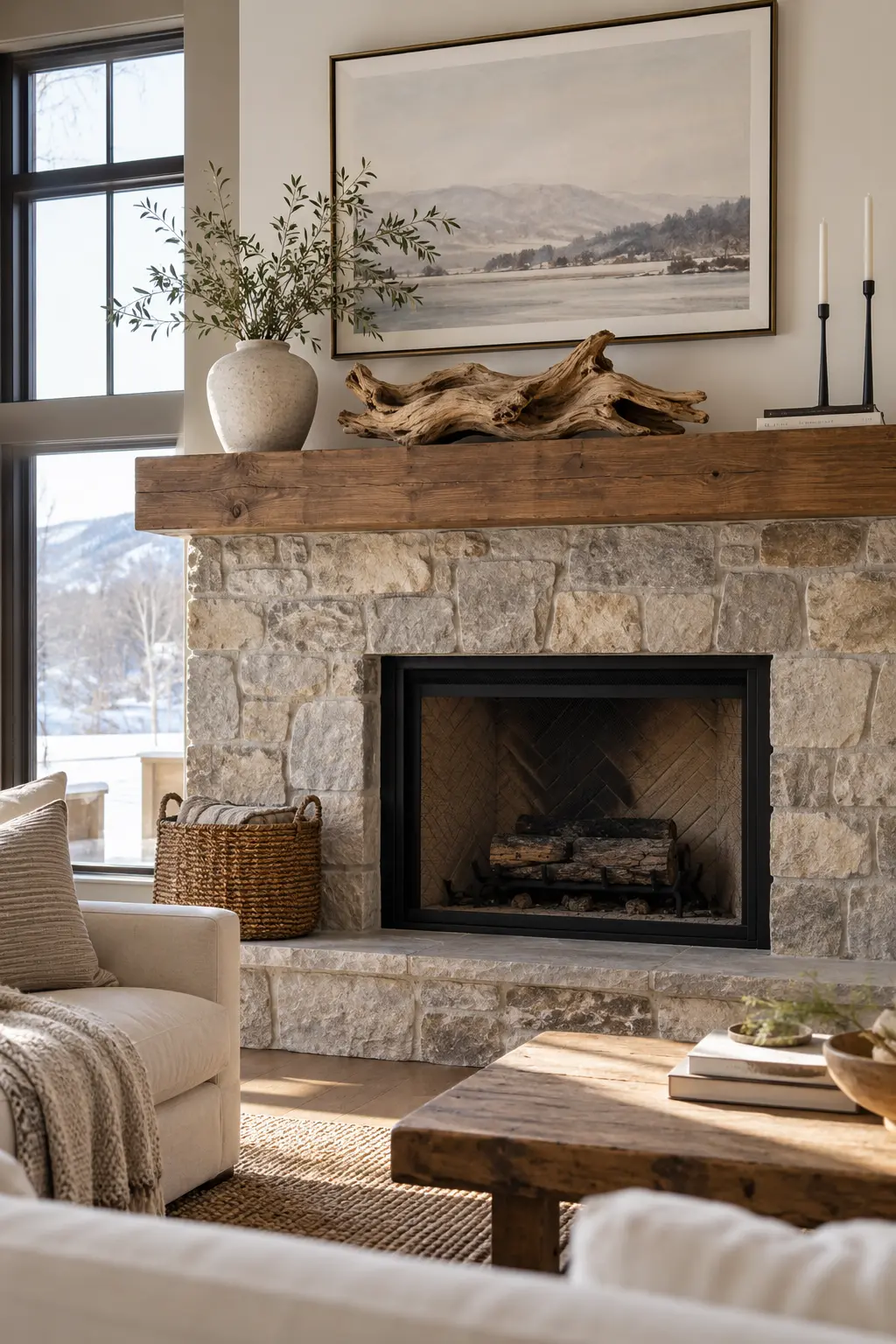 Use One Sculptural Driftwood Piece winter mantel decorating idea