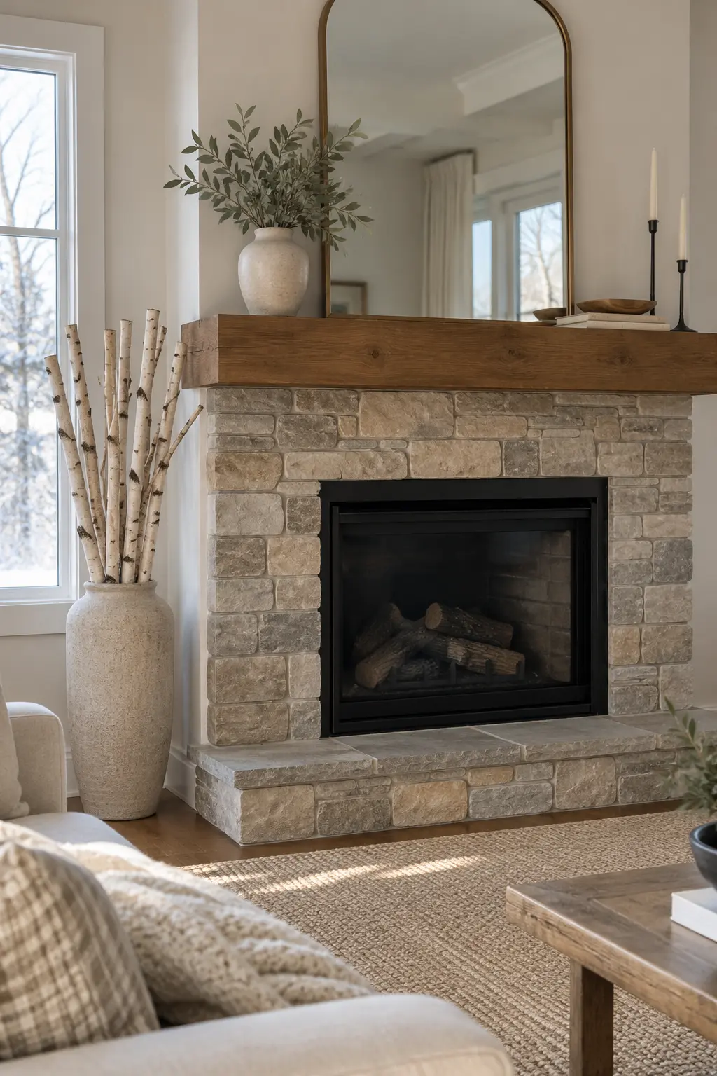 Add Birch Stems to a Tall Floor Vase winter mantel decorating idea