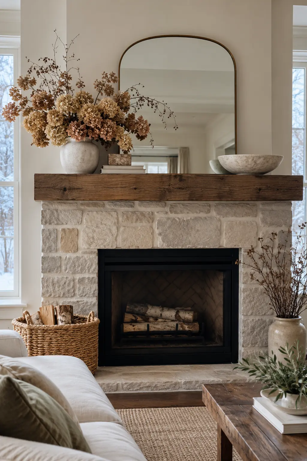 Arrange Dried Hydrangeas Off Center winter mantel decorating idea