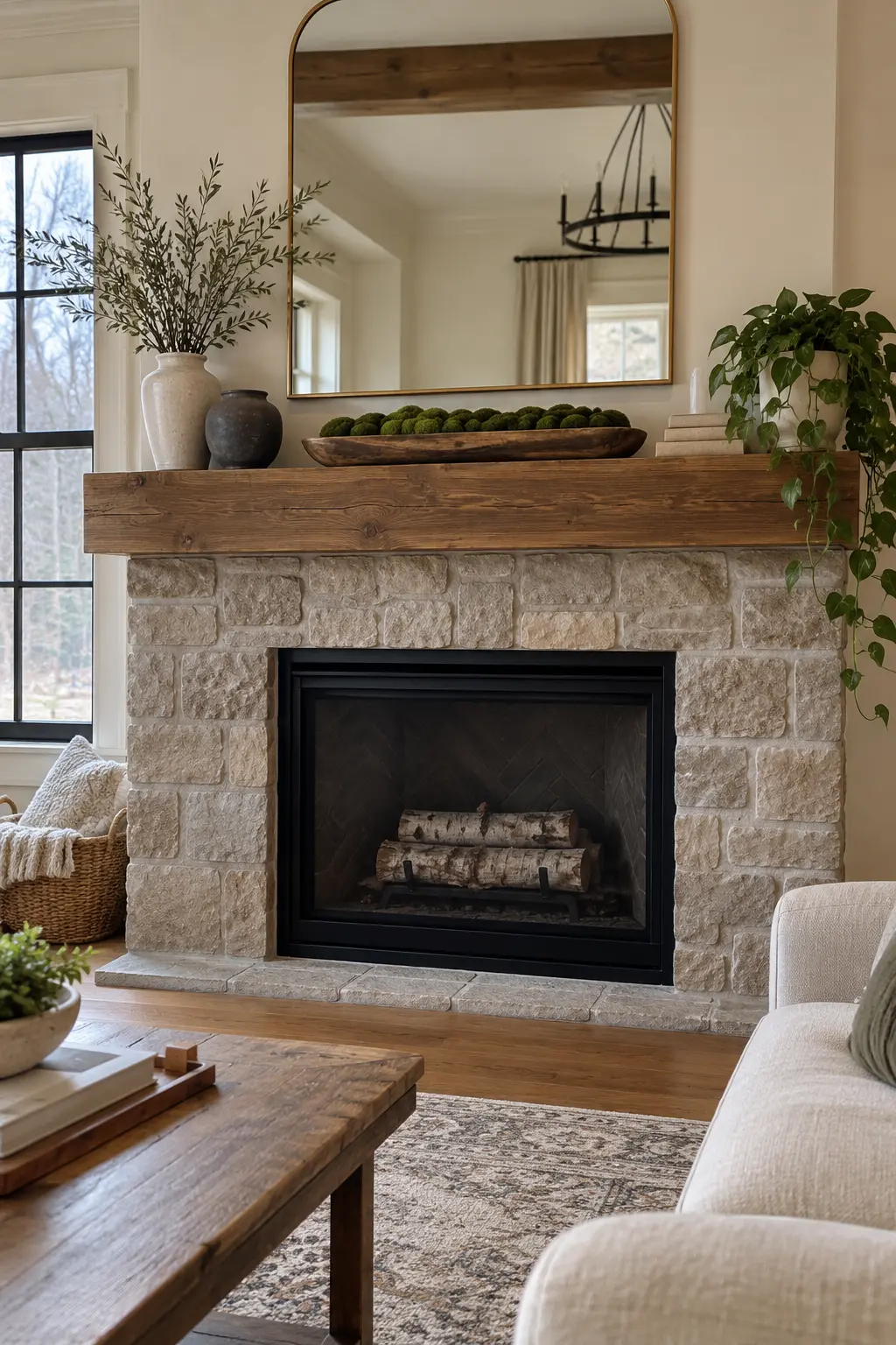 Set a Moss Tray on a Nonworking Mantel winter mantel decorating idea
