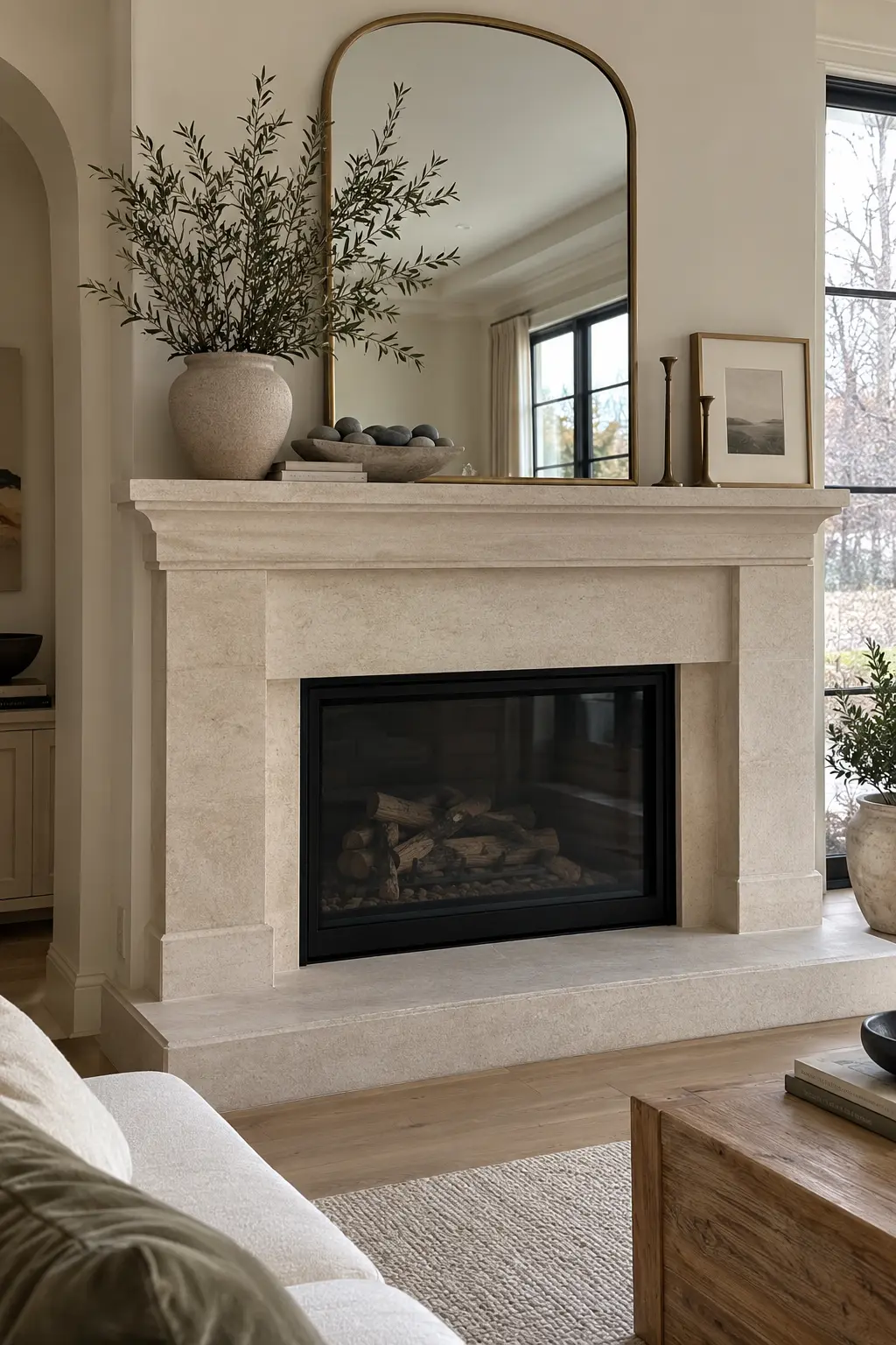 Layer Smooth Stones in a Shallow Dish winter mantel decorating idea