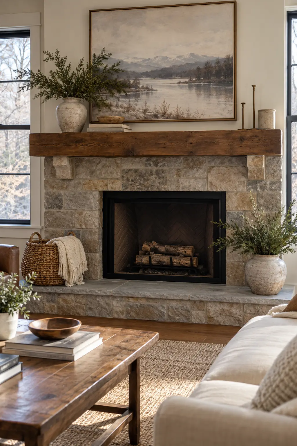Keep Plain Evergreen Sparse winter mantel decorating idea