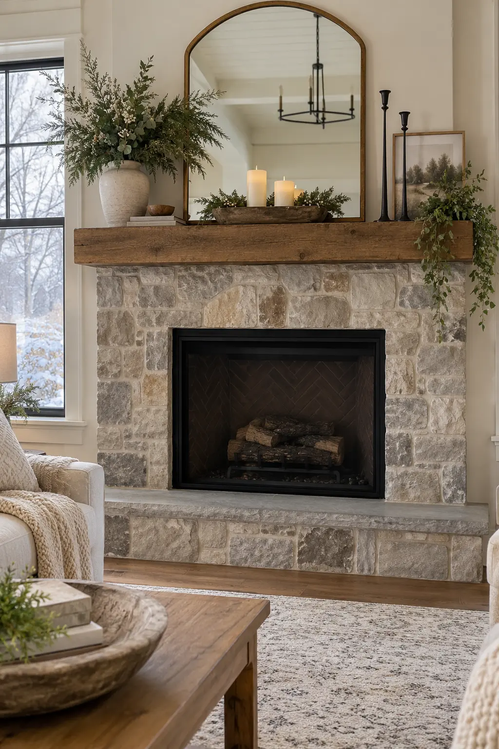 Group Three Flameless Pillars winter mantel decorating idea