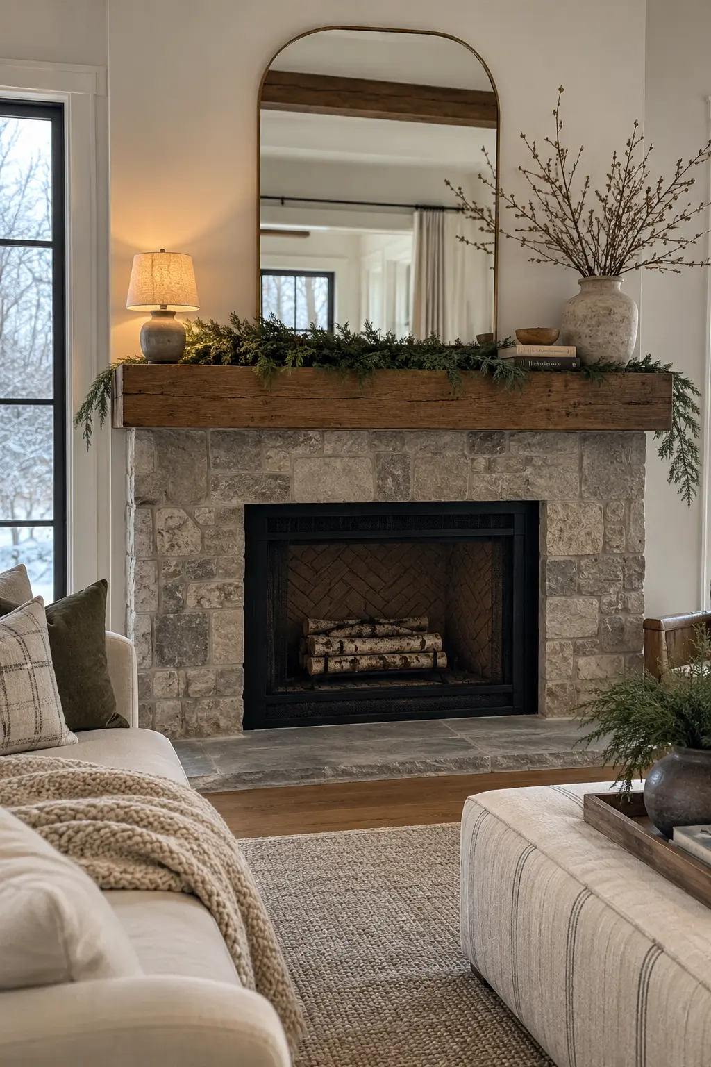 Add a Small Rechargeable Lamp winter mantel decorating idea