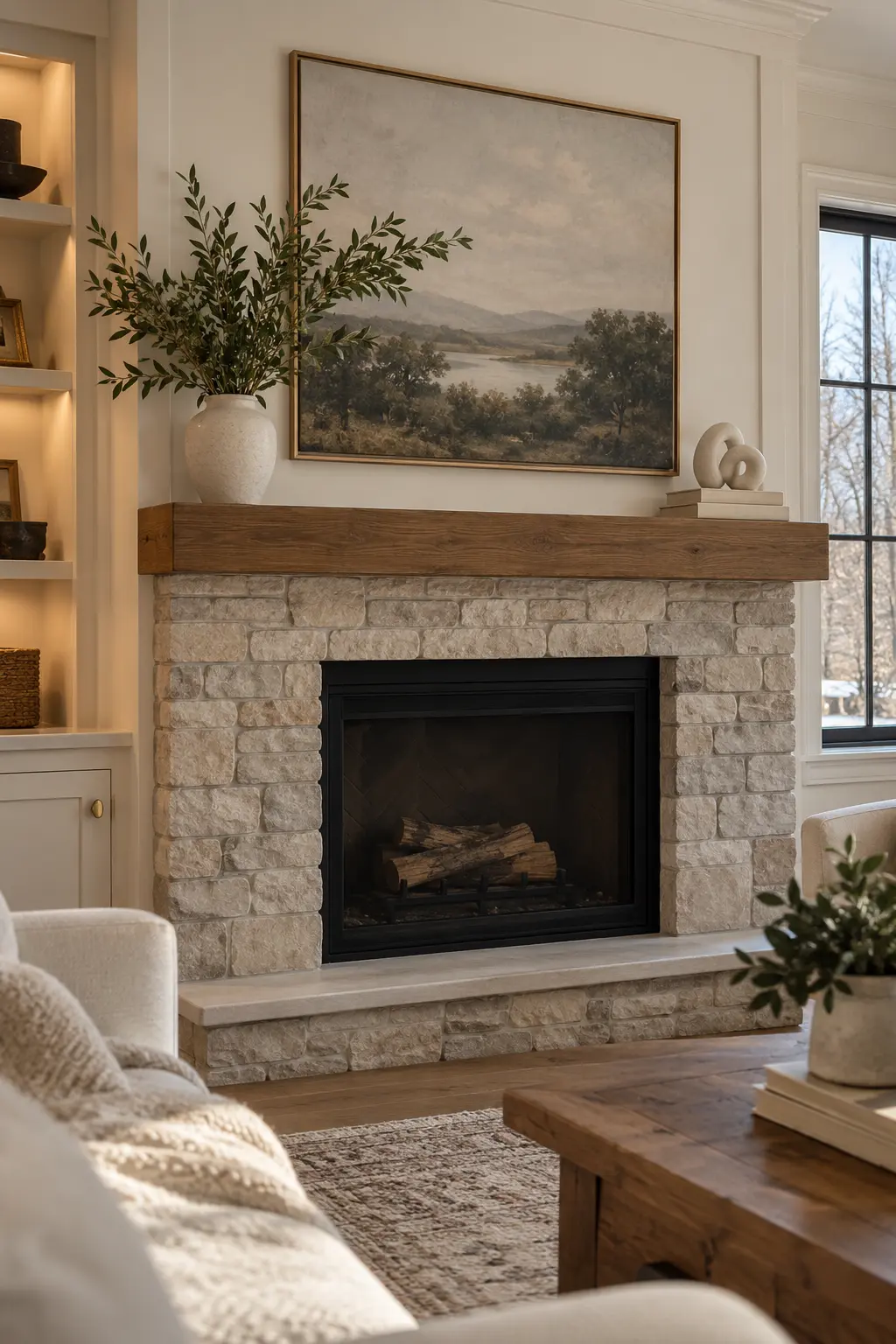 Stack Two Neutral Books winter mantel decorating idea