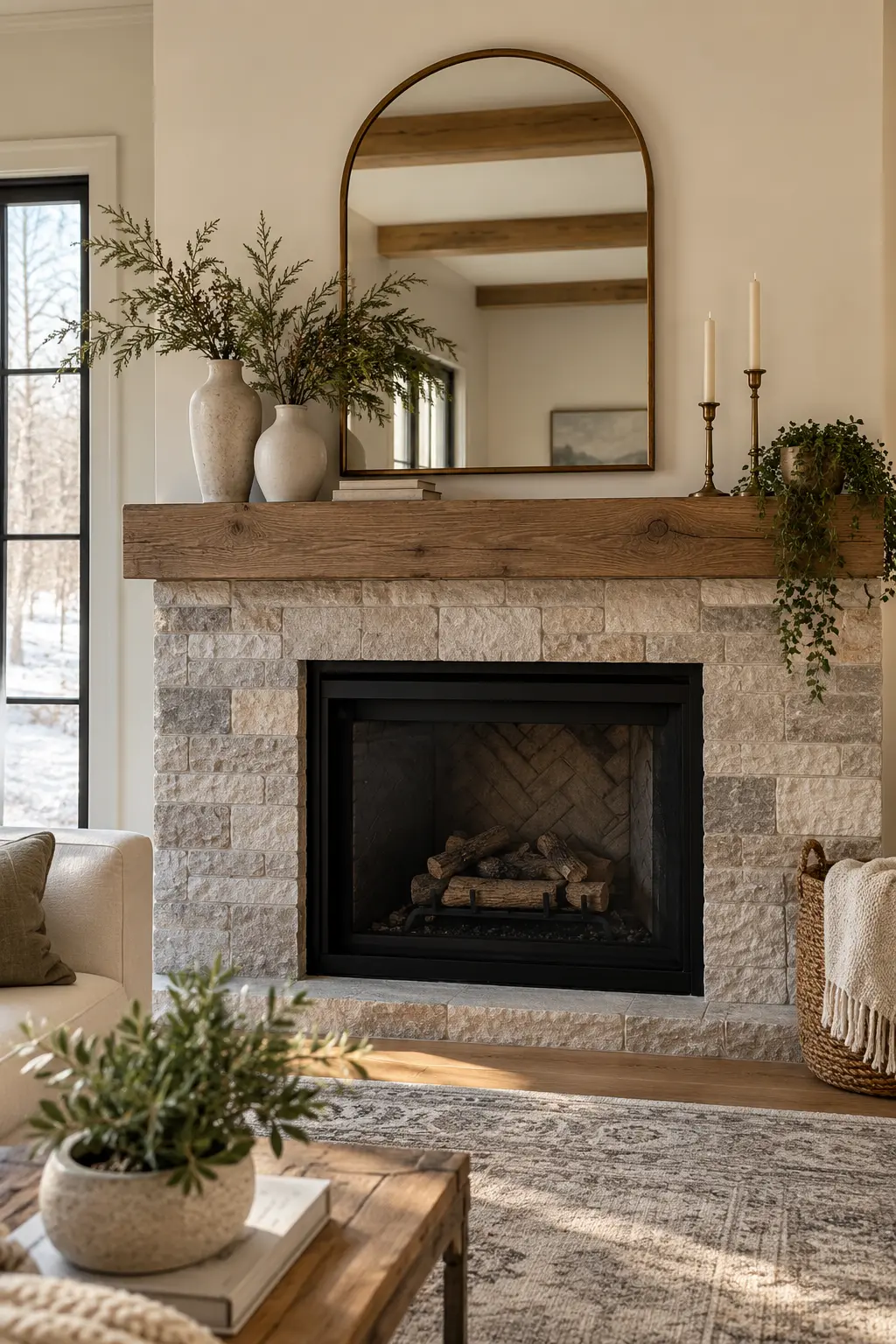 Show a Pair of Stoneware Vases winter mantel decorating idea