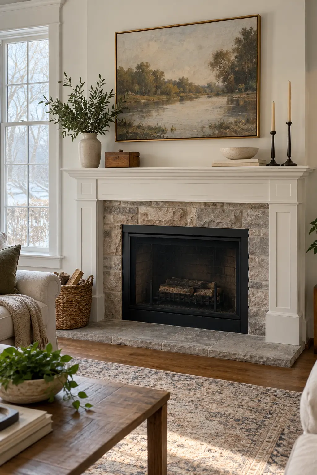 Place a Lidded Wood Box winter mantel decorating idea
