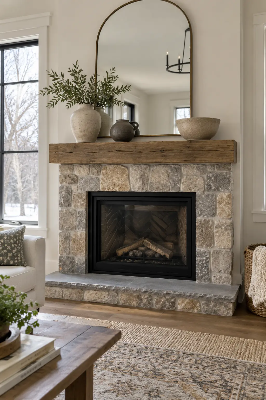 Display Everyday Pottery winter mantel decorating idea