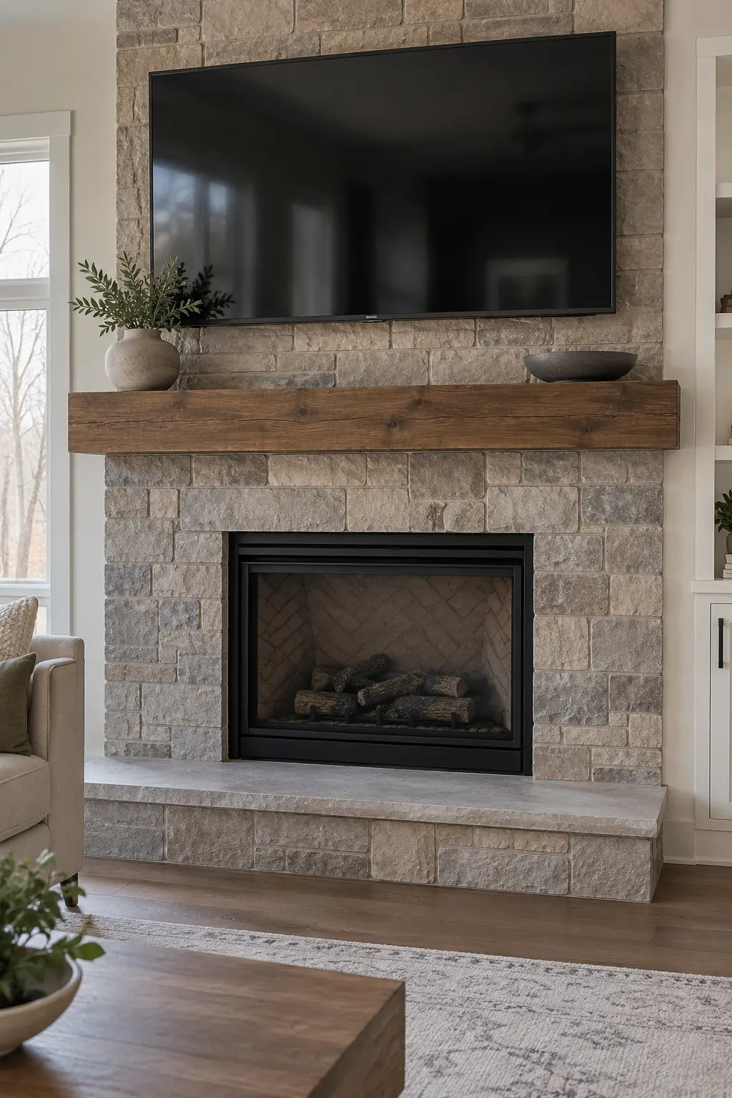 Keep Decor Low Beneath a TV winter mantel decorating idea