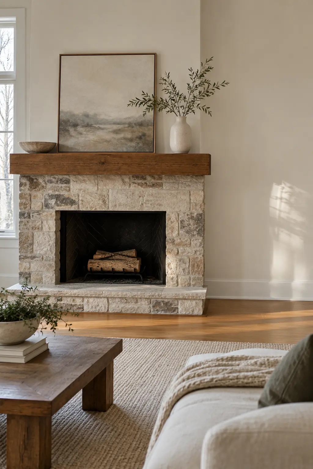 Balance an Off-Center Fireplace winter mantel decorating idea