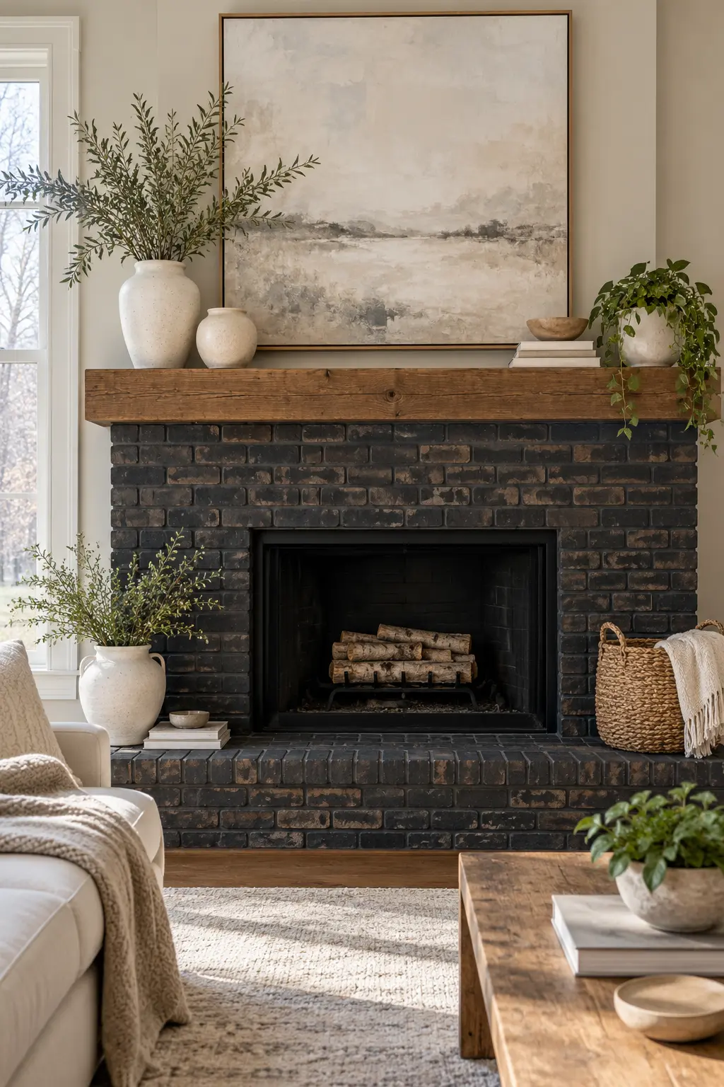 Lighten a Dark Brick Fireplace winter mantel decorating idea