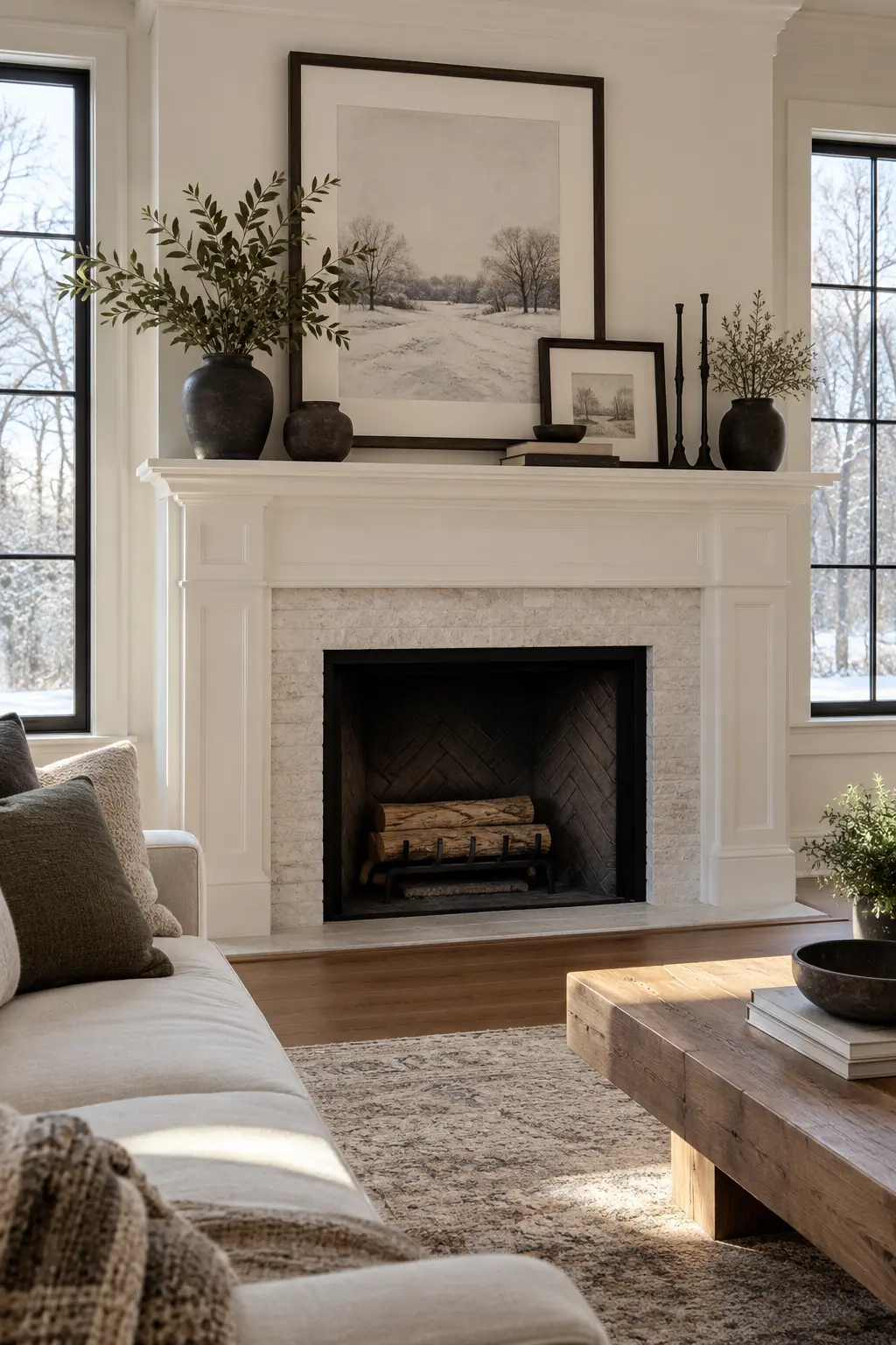 Add Contrast to a White Fireplace winter mantel decorating idea