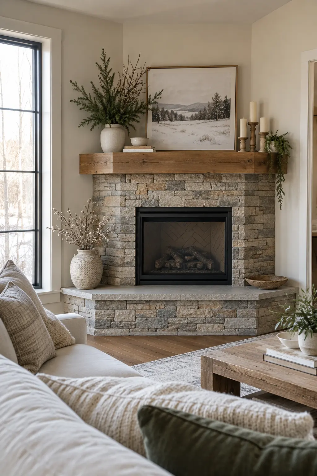 Create a Corner Fireplace Vignette winter mantel decorating idea