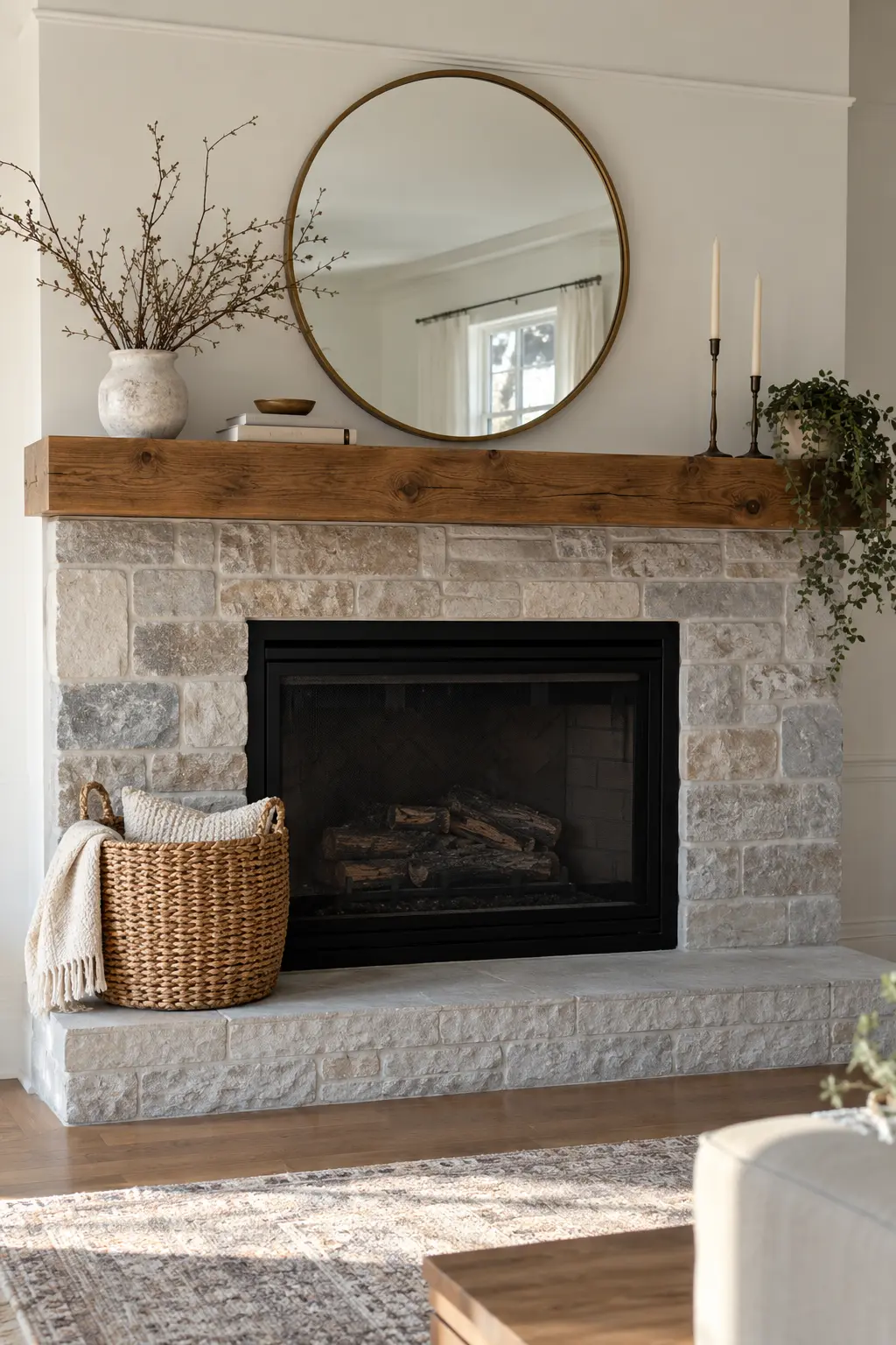 Use the Hearth as the Second Layer winter mantel decorating idea