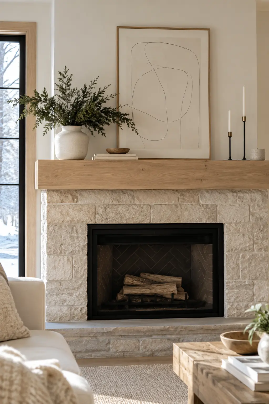 Build a Scandinavian White-and-Wood Mantel winter mantel decorating idea