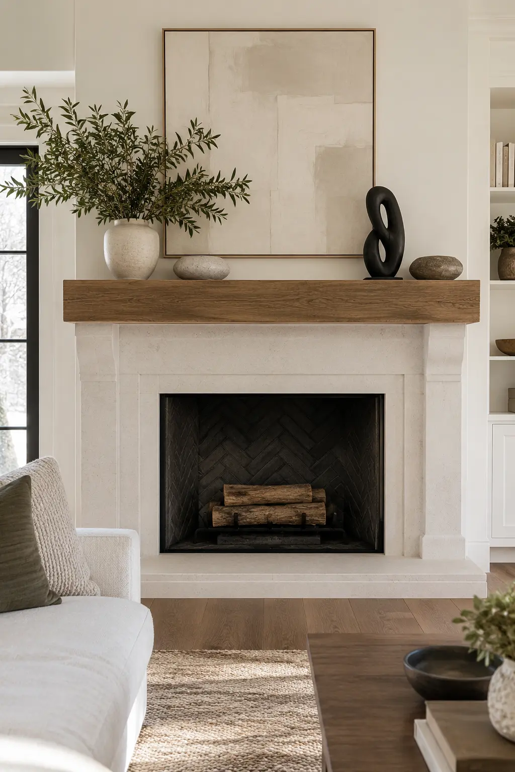 Use Modern Black-and-Stone Shapes winter mantel decorating idea