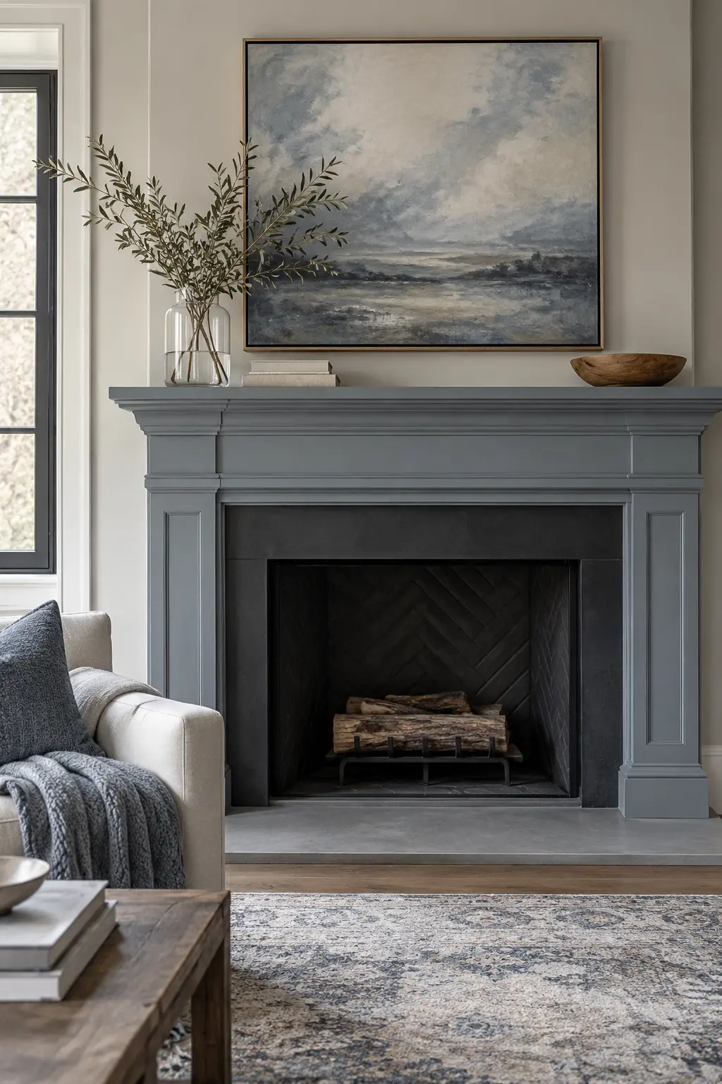 Make a Soft Blue-Gray Mantel winter mantel decorating idea