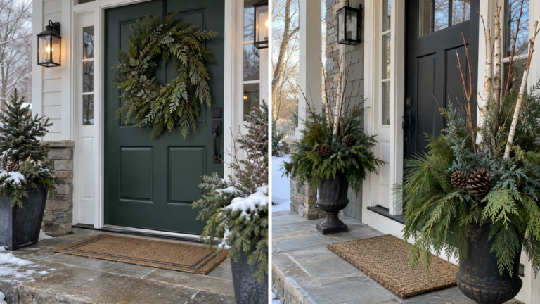 Two winter porch ideas with a cedar wreath, layered evergreen urns, and clear snowy entries