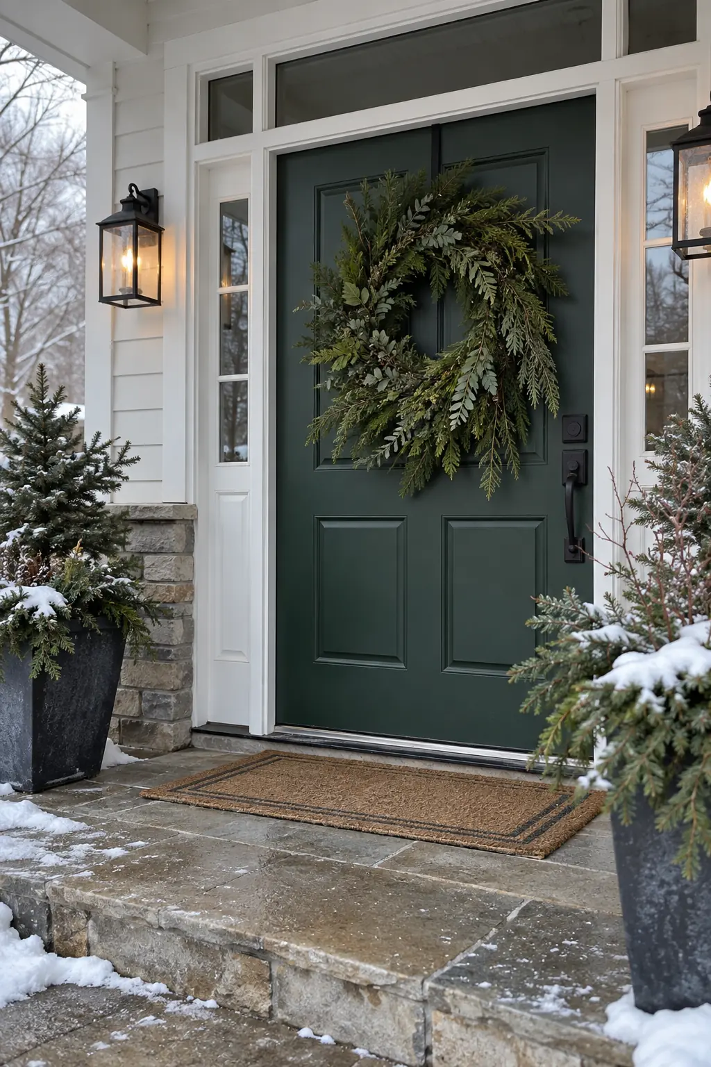 Dark green front door with a simple cedar wreath and snow-dusted porch planters