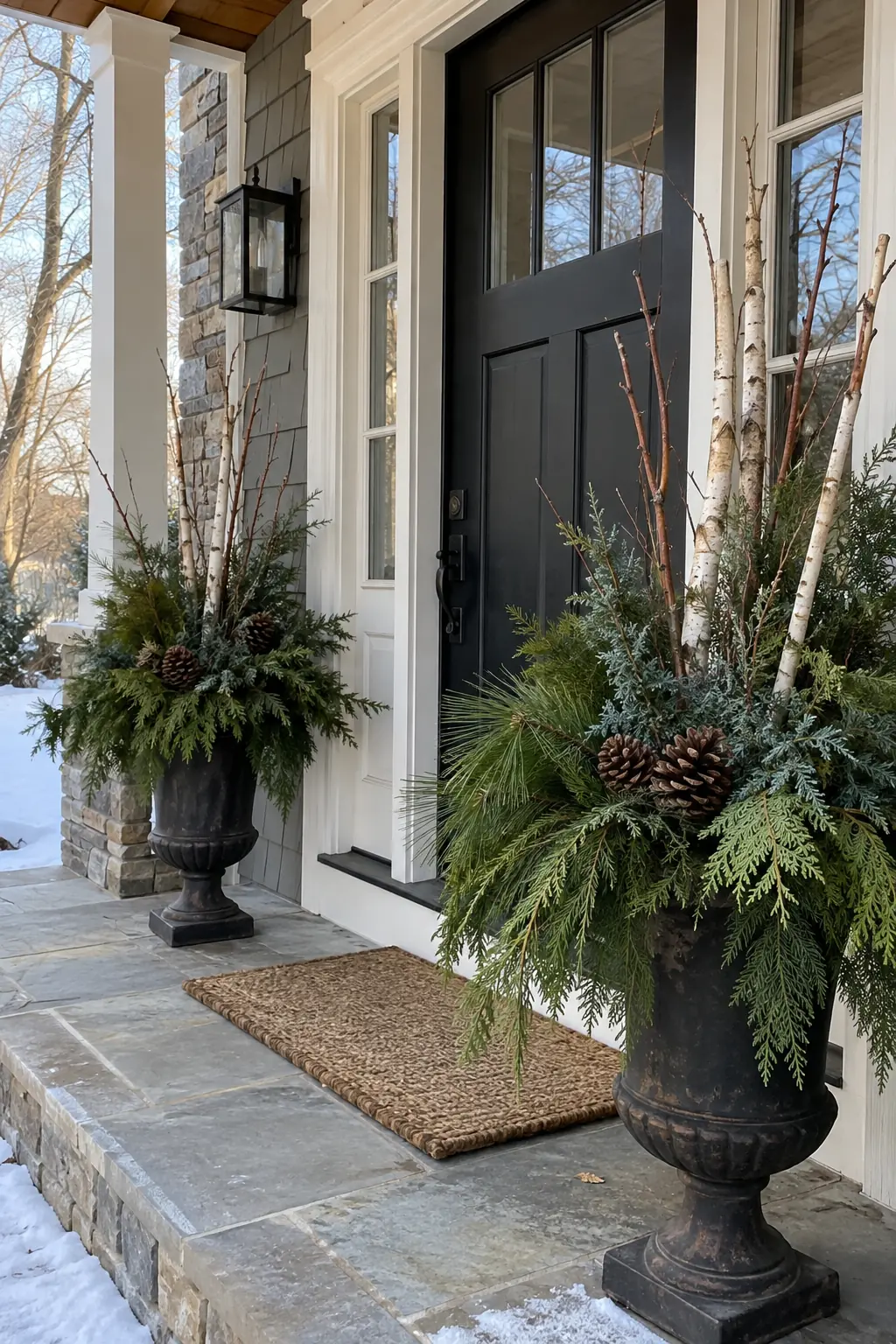 Winter porch with layered evergreen urns, pinecones, and bare branches