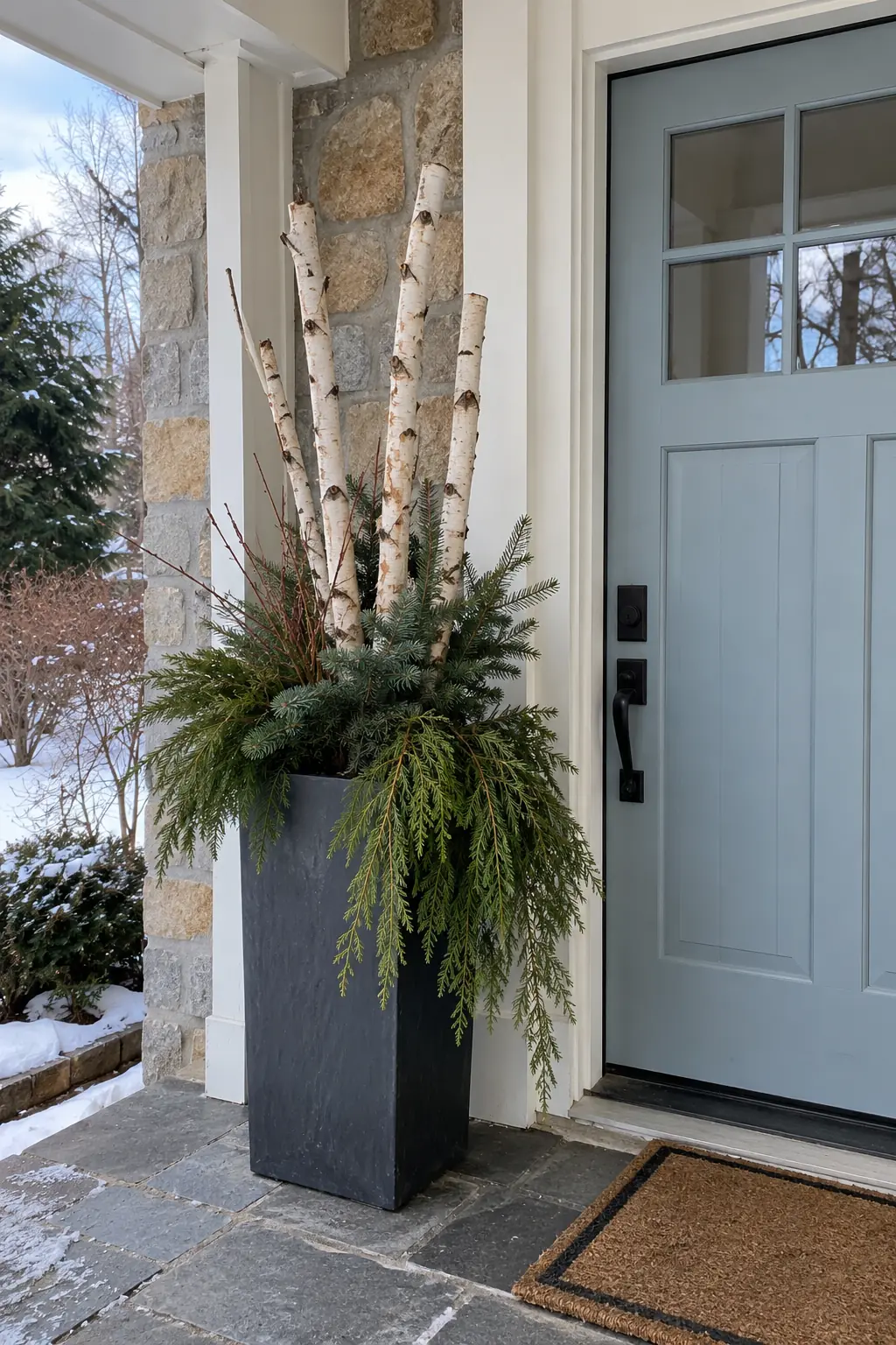 Tall black porch planter filled with birch poles and cascading winter greenery